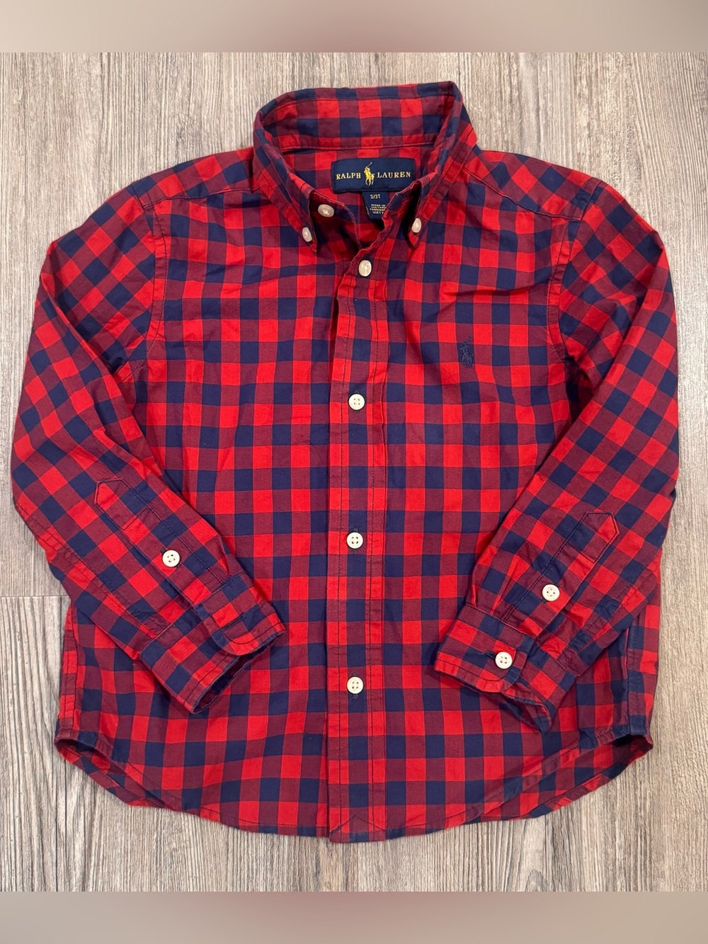 Ralph Lauren Boys 3T Red Navy Gingham Plaid Button Down Shirt Pony Logo
